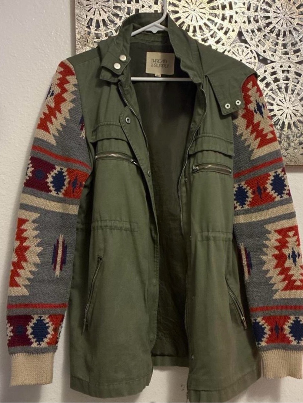Thread & Supply Olive Utility Jacket with Multicolor Patterned Knit Sleeves